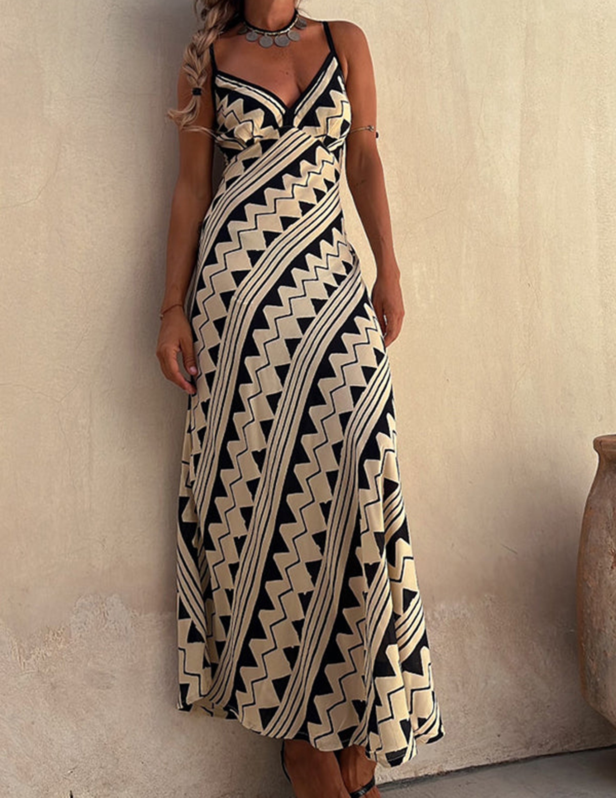 Karla - Geometrische print Strappy Maxi Jurk voor dames