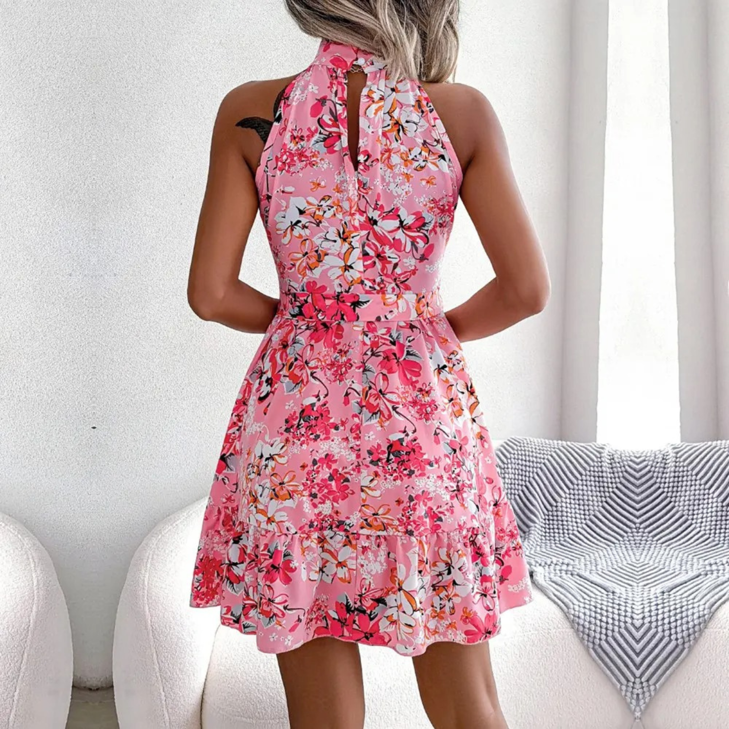 Dita - Bloemen Halter Hals Mini Jurk voor dames