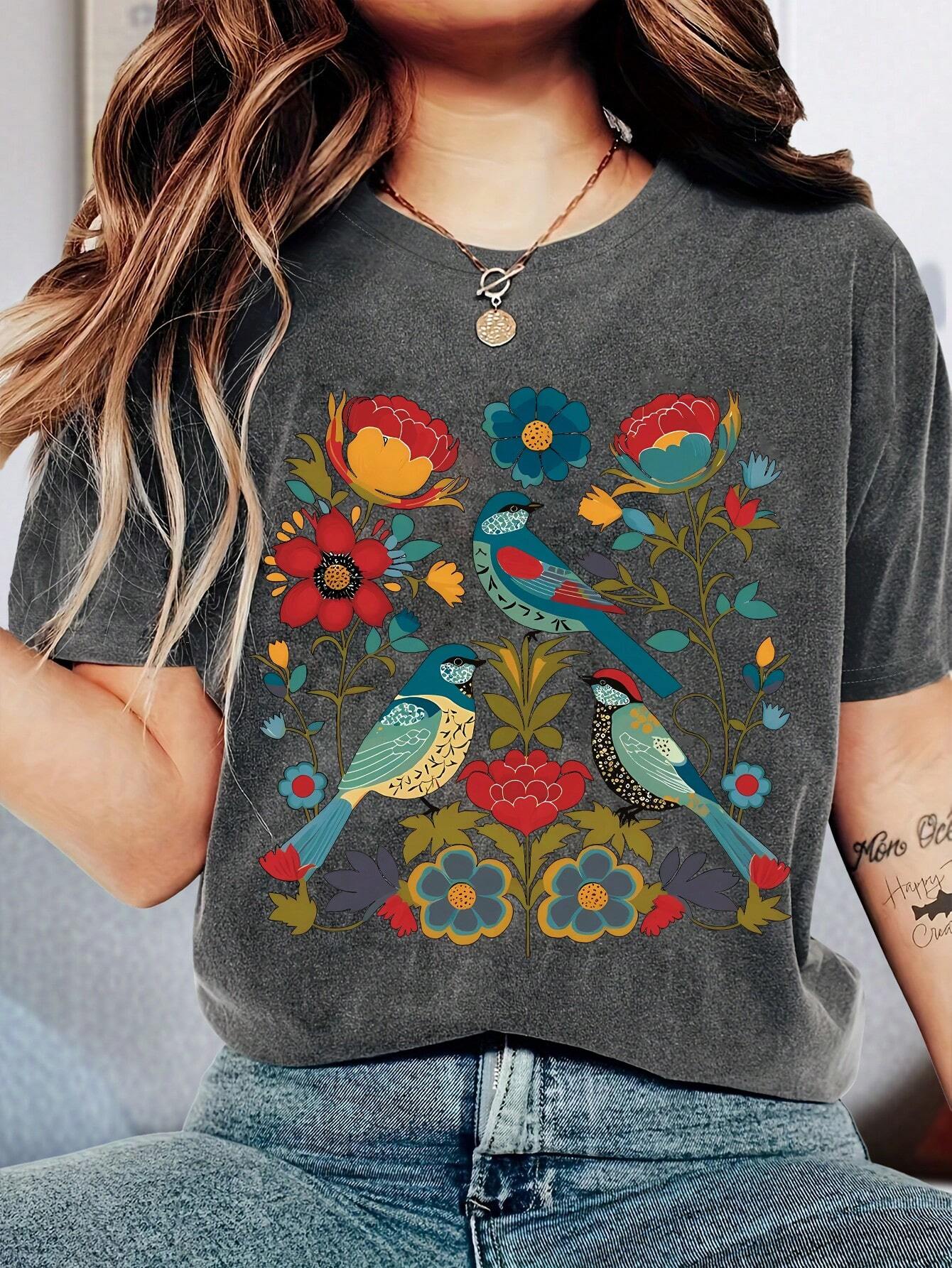 Jovanka - Vintage vogel & bloemen grafisch T-shirt voor dames