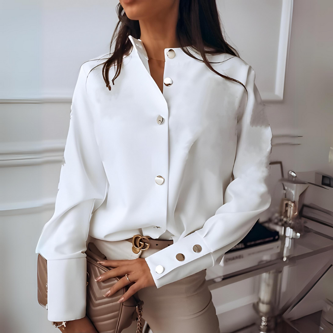 Liridonë - Witte Button-Up Blouse met Gouden Accenten voor dames