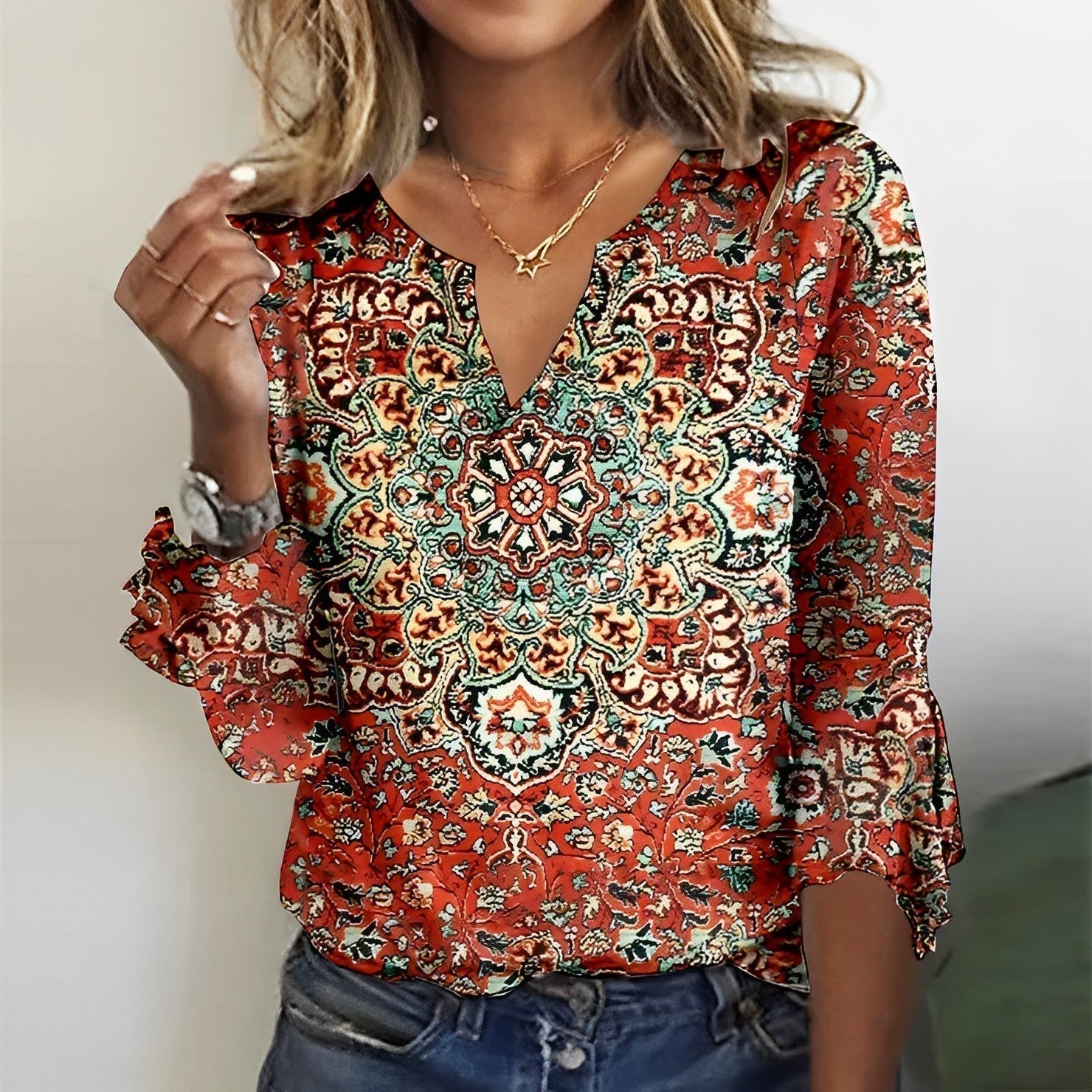 Laurentina - Boho V-hals Blouse met Uitlopende Mouwen voor Vrouwen