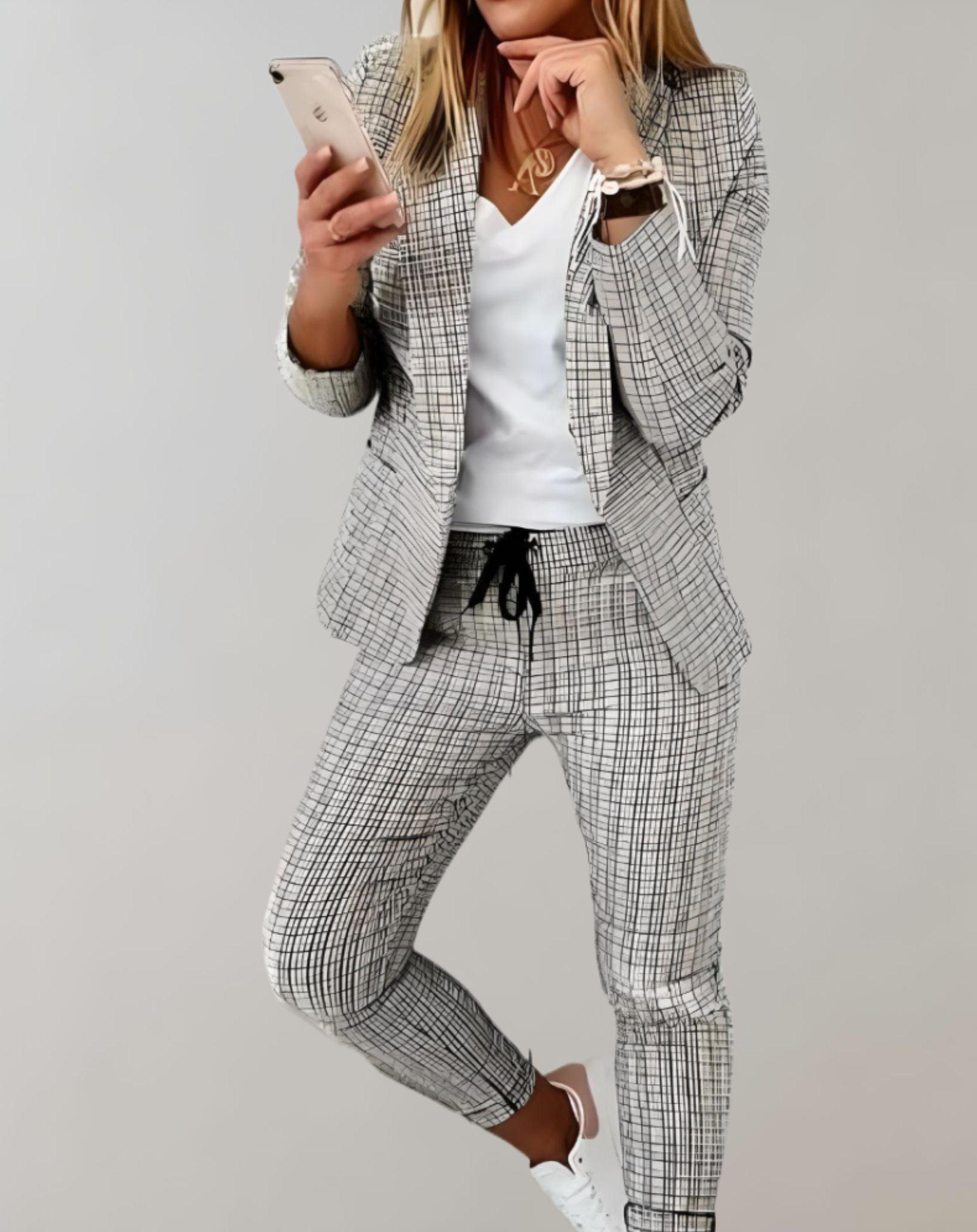 EVA - Tweedelige Dames Set met Getailleerde Geruite Blazer en Broek