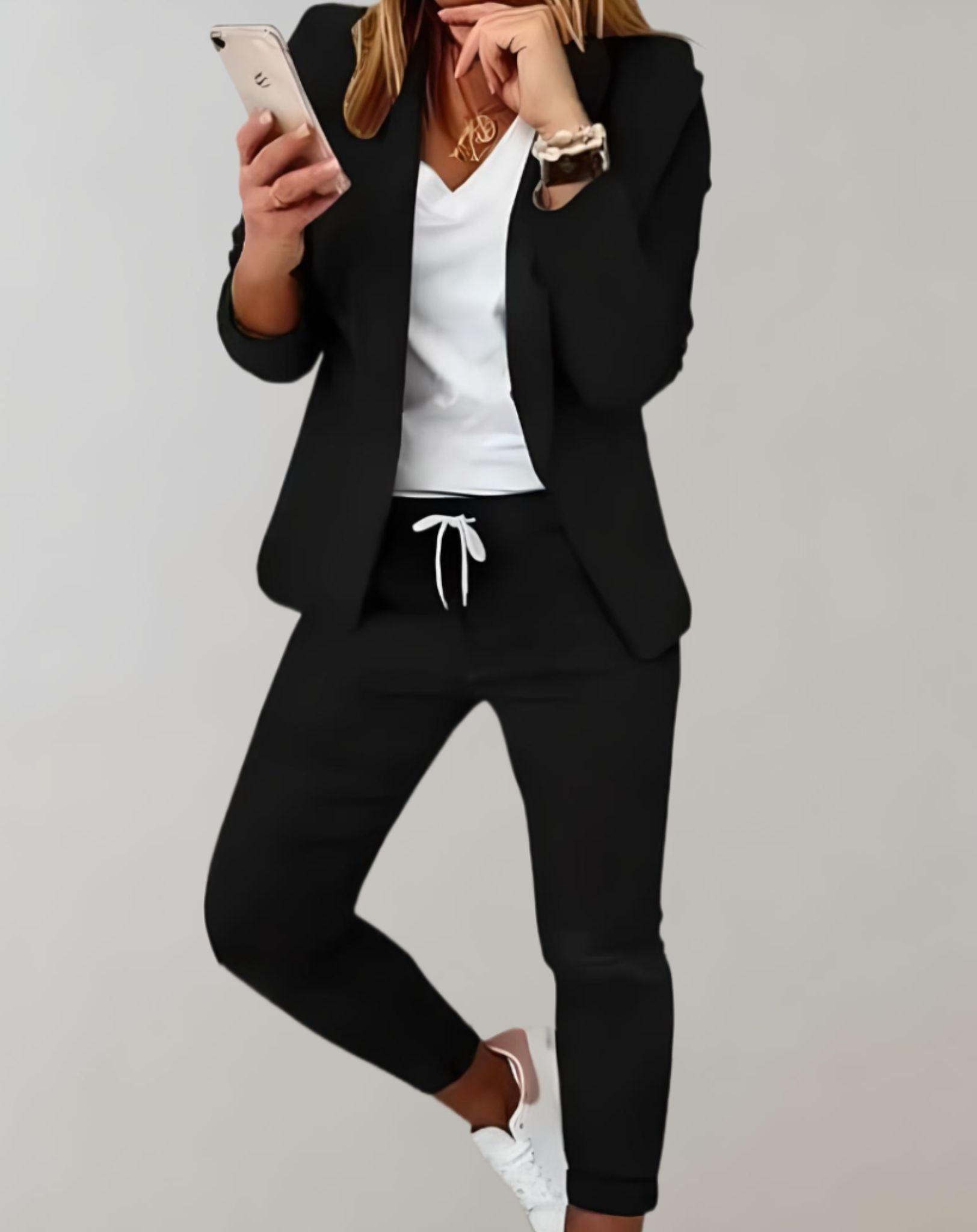 EVA - Tweedelige Dames Set met Getailleerde Geruite Blazer en Broek