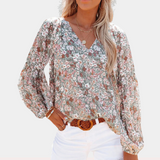 Isolda - Bloemen V-hals Blouse met Lange Mouwen voor Vrouwen