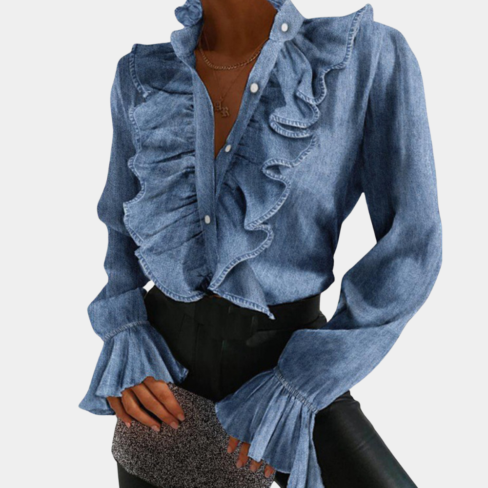 Pavlina - Denim blouse met ruches en knoopsluiting voor dames