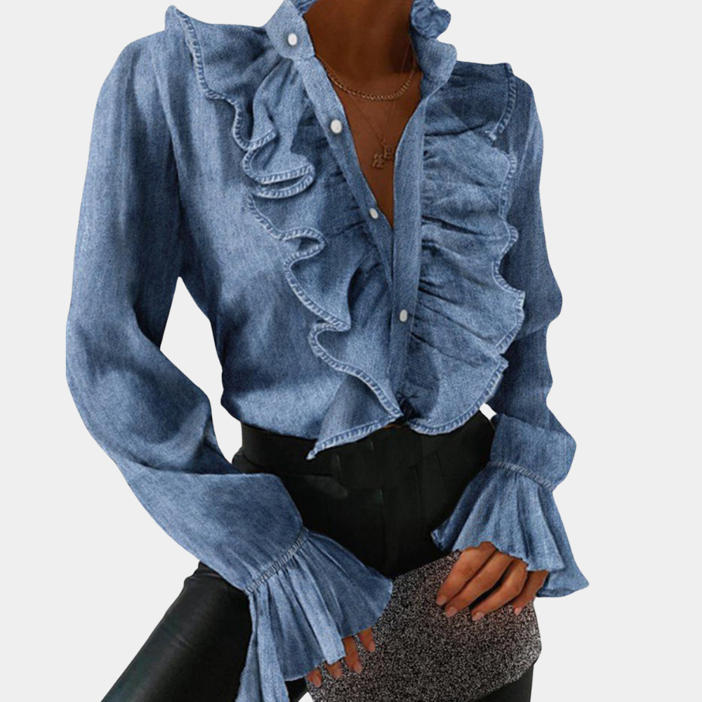 Pavlina - Denim blouse met ruches en knoopsluiting voor dames