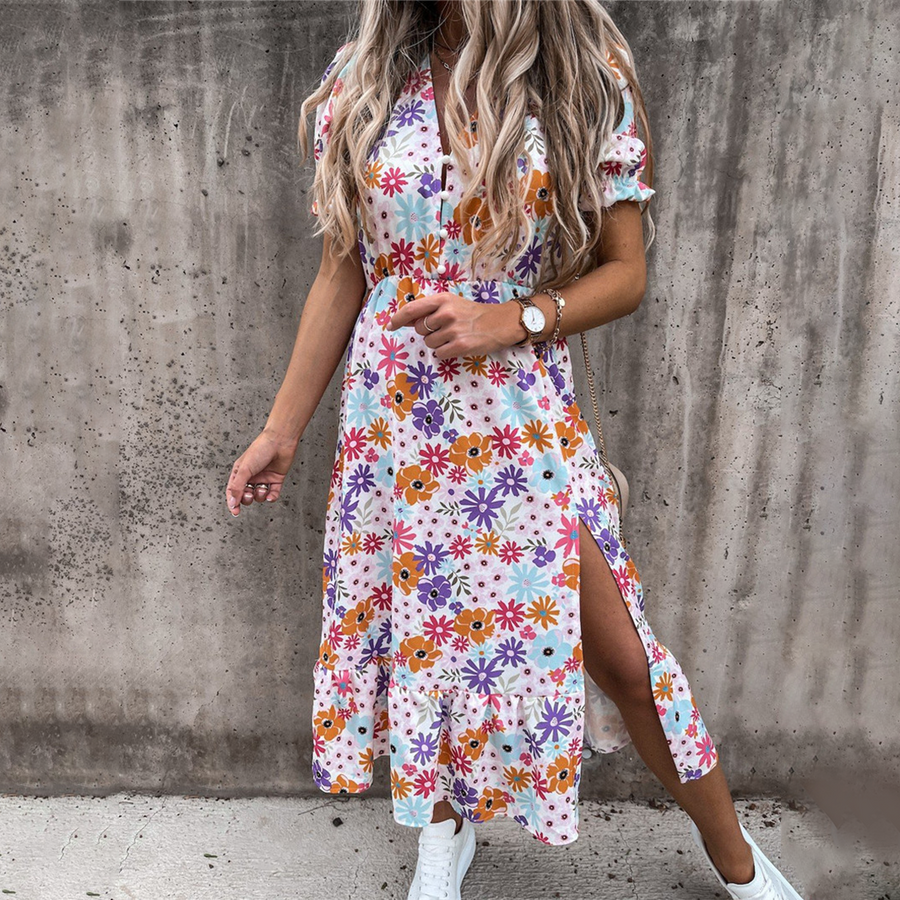 Belina - Bloemen Midi Jurk met Zijsplit voor Dames