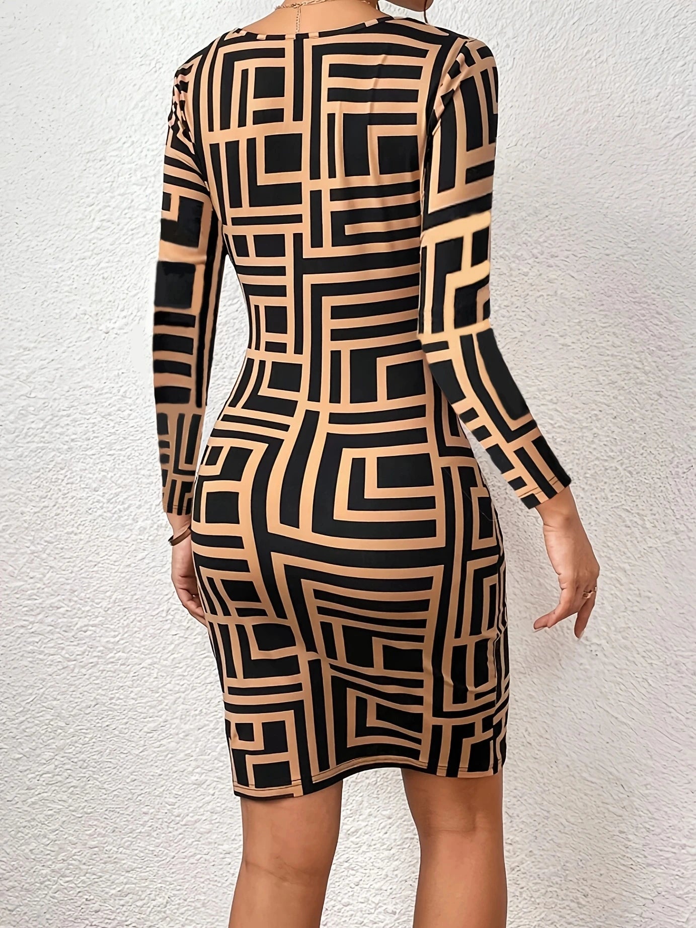 Vlatka - Geometrische print Bodycon jurk met lange mouwen voor dames