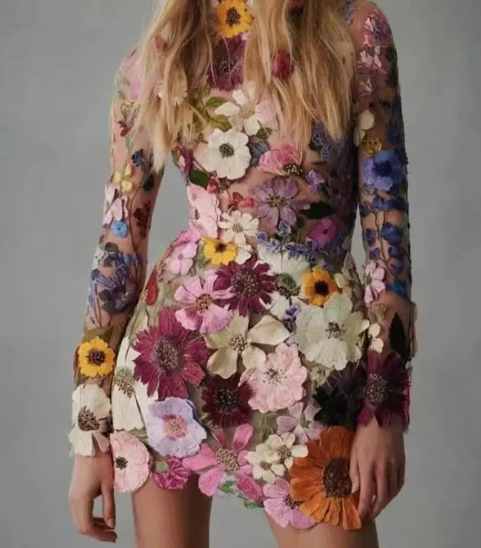 Nicolina - 3D geborduurde mesh jurk met bloemen voor dames