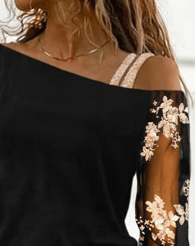 Greta - Bloemige Mesh Mouw Off-Shoulder Top voor Vrouwen