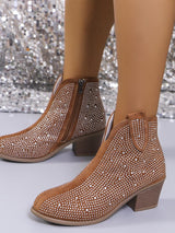 LARA - Rhinestone Point Toe Block Heel Laarzen