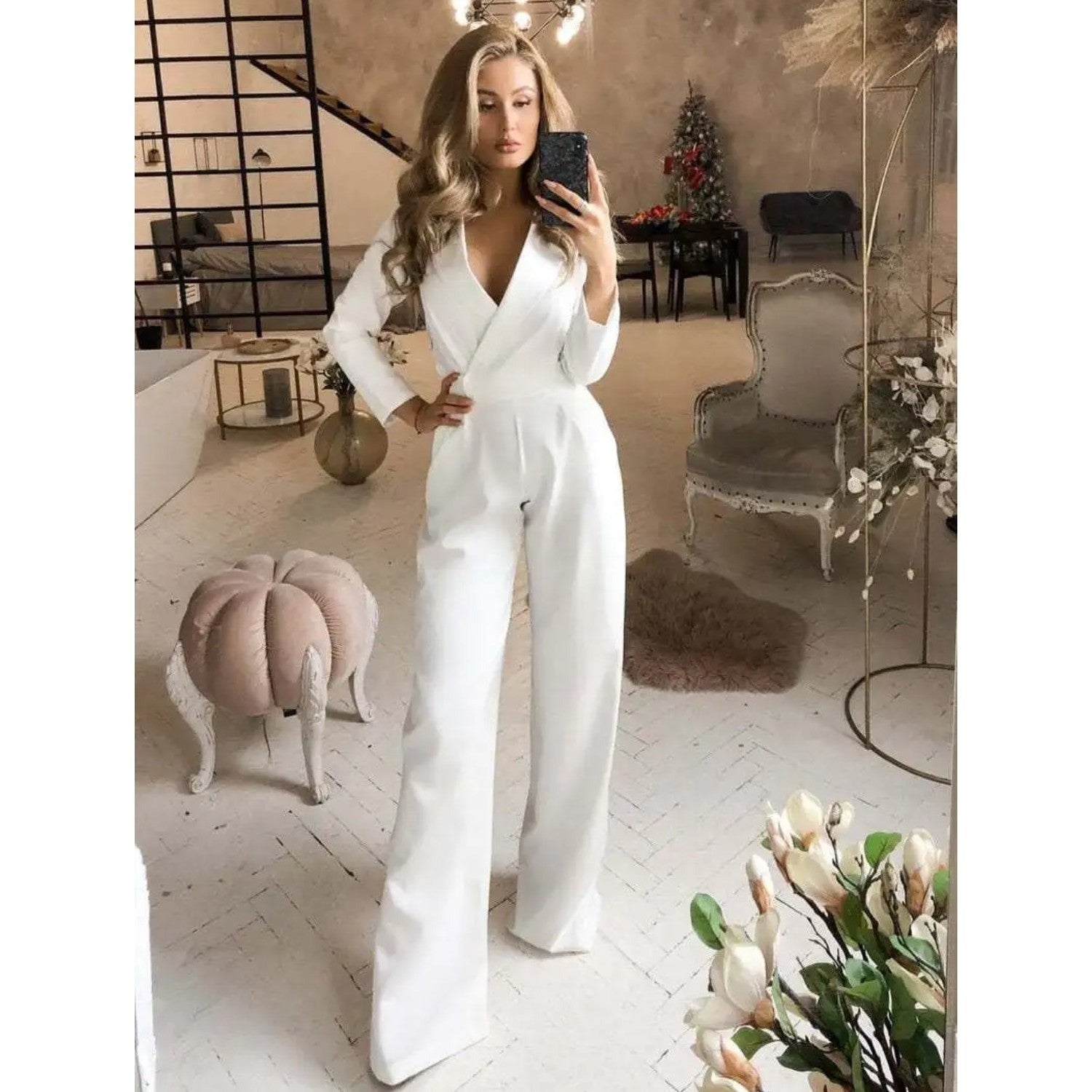 Lenora - Elegante witte jumpsuit met V-hals voor dames