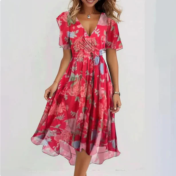 Izolena - Bloemen V-hals Chiffon Midi Jurk voor dames